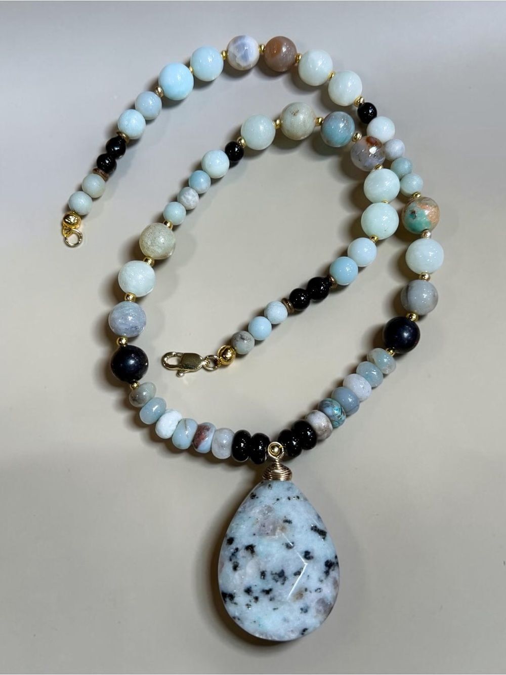 Handmade Amazonite Beaded Necklace with Teardrop Genuine Kiwi Jasper Pendant 18k